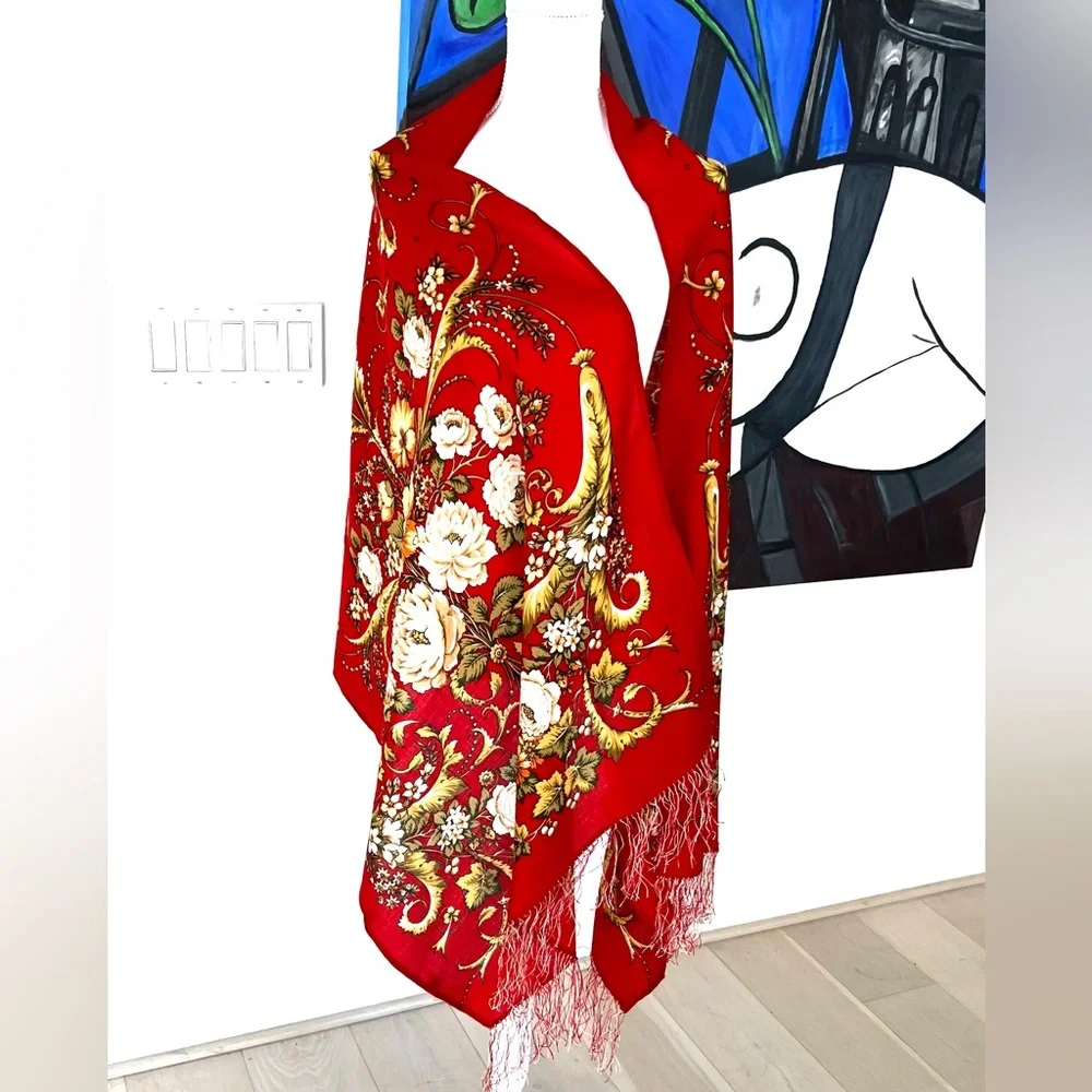 DESIGNER SCARF Diva wool printed with silk fringe